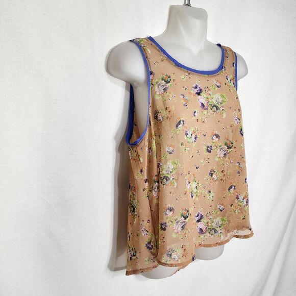 Lush Womens Tank Top Small Floral Swing Sheer High Low Keyhole Orange Purple - Picture 4 of 9